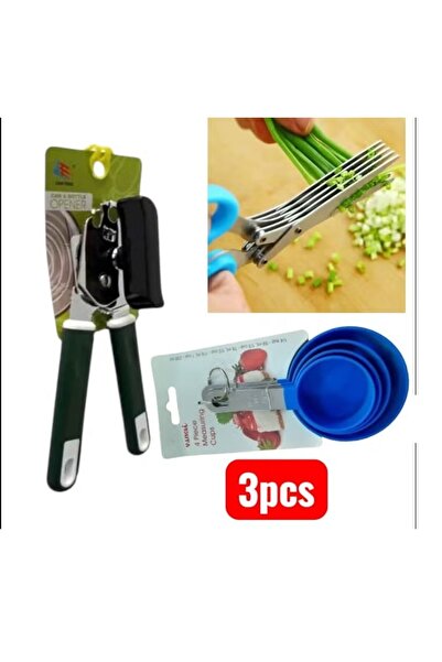 Generic 3-piece kitchen utensil set: multi-purpose kitchen scissors, pizza scissors with slice holder, and a can opener.