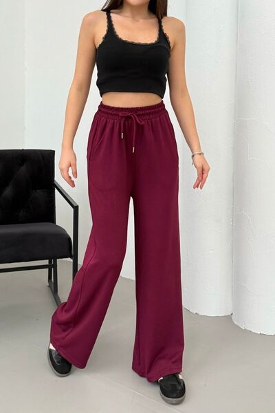 Mezka Γυναικείο παντελόνι με ψηλή μέση μπορντό με τσέπες, άνετο στυλ, φαρδύ πόδι