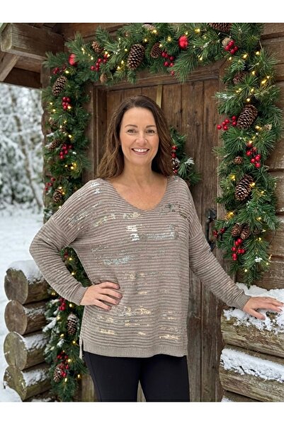 Boutique Teks Yaldız Detaylı Oversize Merserize Görünümlü Bluz