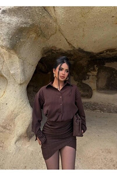 PEMAA Çizgili yan büzgülü double kumaş asimetrik etekli gömlek elbise