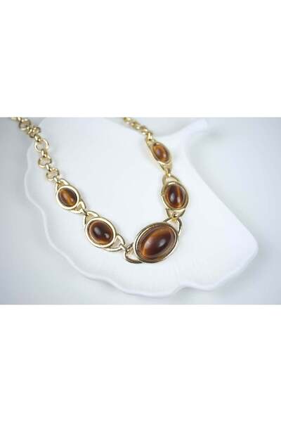 ATELİER TUĞBA Kol006 Oval Onyx Stone Necklace Brown - 45 cm + 5 cm Extension