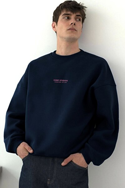 The Champ Clothing Men's Oversized Sweatshirt Chmp Studios Navy Blue – Crew Neck, 3 Thread Brushed Fleece