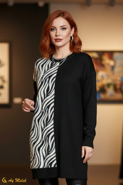 AYMELEK Women's Knitwear Sweater Long Crew Neck Zebra Pattern Sweater