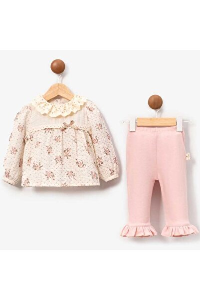 bebegen Baby Girl Ecru Pink Floral Patterned Fistolo 2-Piece Set