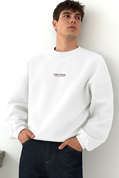 The Champ Clothing Men's Oversized Sweatshirt Chmp Studios White – Crew Neck, 3 Thread Brushed Fleece