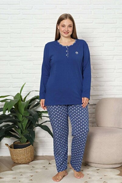 ALİMER Blue Women's Ethnic Pattern 3 Button Cotton Lycra Transitional Long Sl...