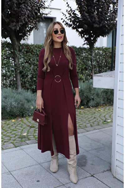 Wear Up Rochie de damă cu mânecă lungă guler rotund cu detaliu inel frontal c...