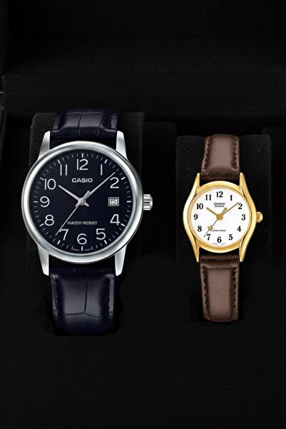 Casio Couple Wristwatch Set Ltp-1094Q-7B4Rd-Mtp-V002L-1Budf-Set2 Leather Band Black & Gold Gift Set