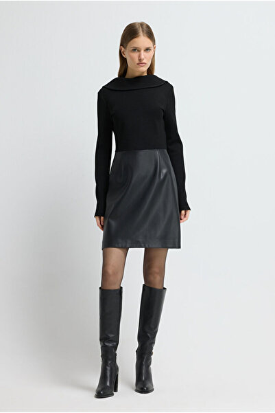 adL Triko Detaylı Deri Elbise