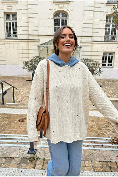 FEMELLE Women's Hollow Out Off Shoulder Hooded Loose 100% Cotton Knitwear Sweater