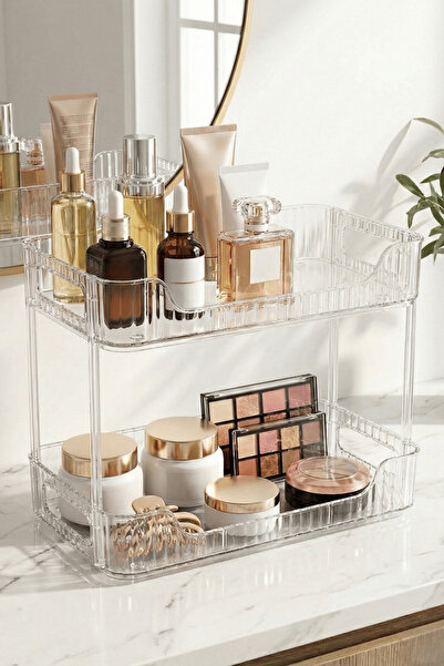 Poomy 2 Katlı Şeffaf Makyaj Organizeri Banyo Düzenleyici Tezgah Üstü Kozmetik...