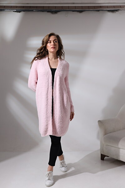 MEGATRİKO Trend şık rahat yumoş yumşak dokulu pembe midi hırka