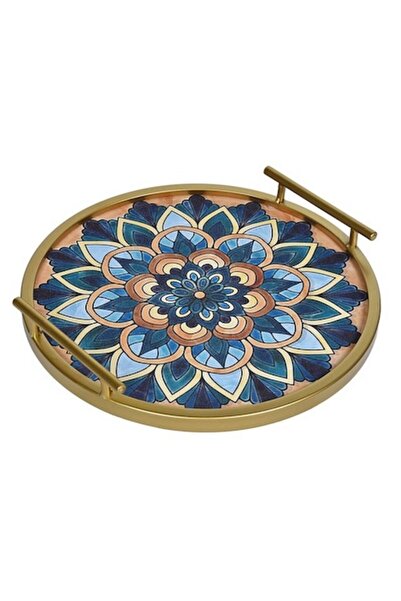 AB HOMES round metal tray, gold-blue mandala pattern, with handles, Ø35 cm
