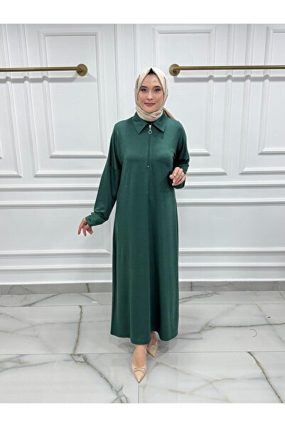 MODA 8654 İKİ İPLİK KUMAŞ TAŞ DETAYLI YARIM FERMUARLI BOYDAN DÜZ ELBİSE YEŞİL