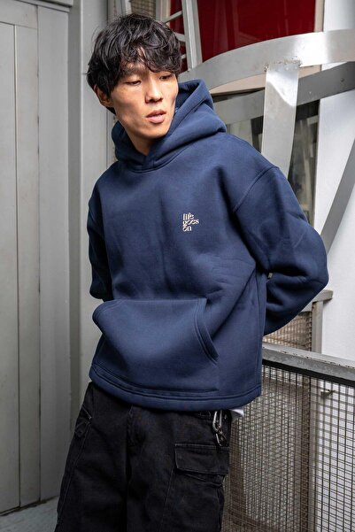 ablukaonline Men's Embossed Printed Hooded Hoodie Navy Blue