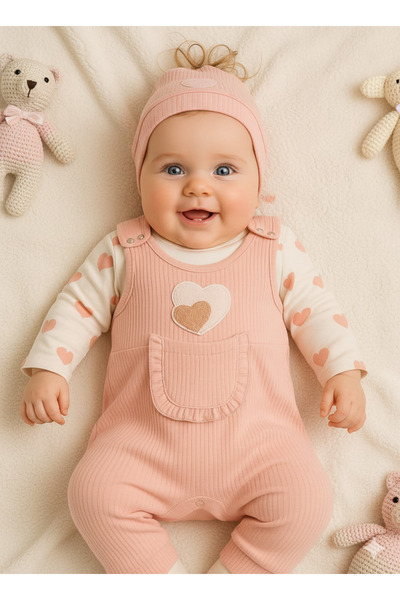 NAFİTO Kalpli Kız Bebek 3’lü Tulum Seti – Kollu Zıbın, Cepli Tulum ve Çorap | 3-6-9 Ay Bebek Kıyafeti