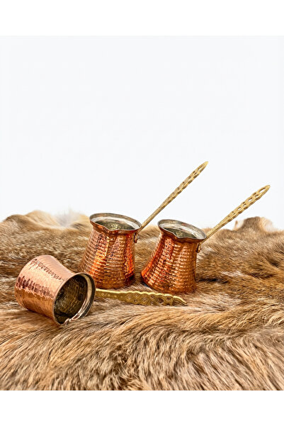 Taşhan Çarşı 3'lü Bakır Dövme Cezve Seti - El İşçiliği Türk Kahvesi Cezvesi -...
