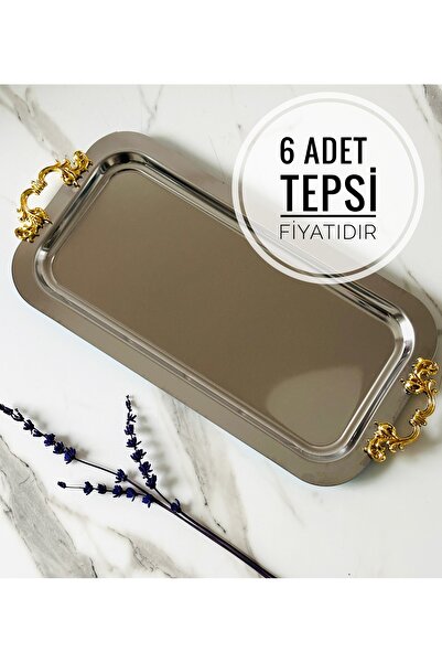 Melinda 6 Adet Gümüş Dikdörtgen Çık GOLD Kulp Detaylı Çay,kahve,ikram Servis ...