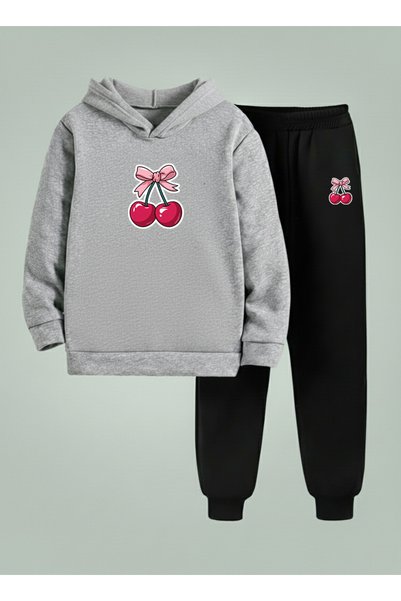 LORVEX Girl's Sweatshirt - Tracksuit Set (Hooded) Ribboned Cherry Ba Printed ...
