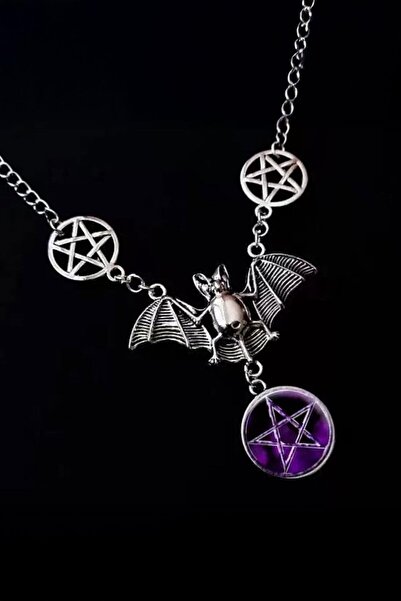 Karakedi Silver Gotik Yarasa Üçlü Pentagram Kolye