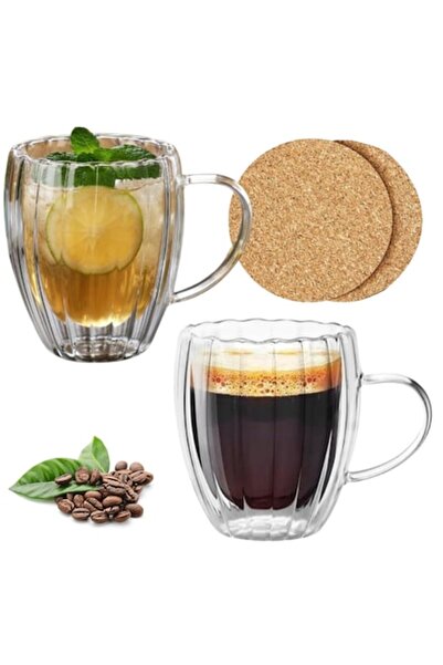 GABOS Set of 2 double-wall ribbed glass mugs with handle, 250 ml, borosilicate, transparent