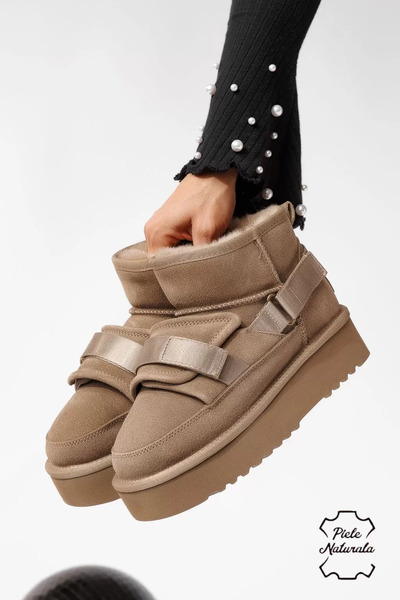 Zaira Cizme scurte dama îmblanite tip Ug khaki din piele naturala intoarsa Do...