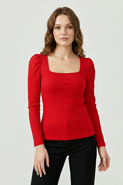 MELA ROSSA Women's Red Square Neck Long Sleeve Ribbed Knit Viscose Elastane Blouse