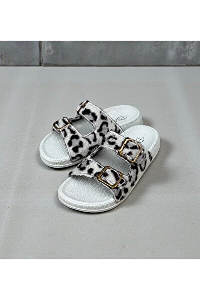 pien Women's Furry Leopard Print Double Buckle Orthopedic Sole Slippers