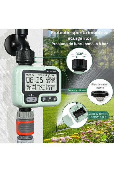 Cuantis Temporizator automat de irigare cu 1 zonă - LCD impermeabil IPX5, întârziere la ploaie, blocare pentru copii