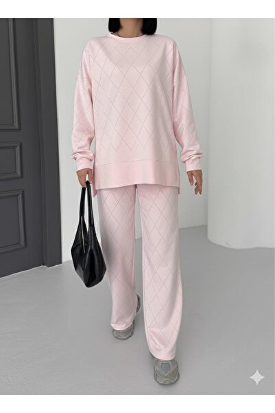 moda paketi Oversize Plaid Pattern Sweat & Trouser Set