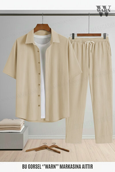 warn Crepe Fabric Short Sleeve Shirt - Pants Set Stretch Fabric Unisex Women Men Set