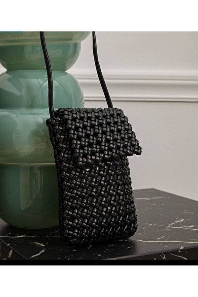 Marnier Siyah örgü deri mini omuz çantası