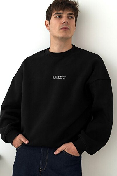 The Champ Clothing Men's Oversized Sweatshirt Chmp Studios Black – Crew Neck, 3 Thread Sherpa Fleece
