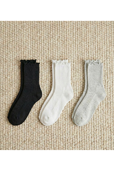 DRAV 3'lü Fırfır Detaylı Düz Kadın Çorabı
