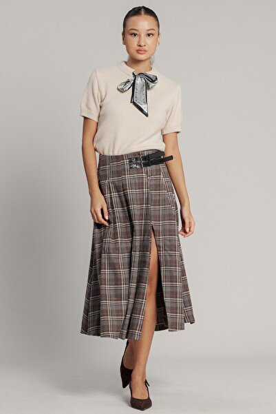 Olcay Slit Flared Plaid Skirt with Belt Detail A.Brown 7057