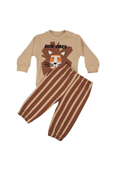 bebegen Baby Boy Beige Brown Lion Printed Striped Double Set