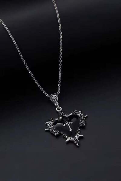 Karakedi Silver Black Heart Cross Gothic Necklace