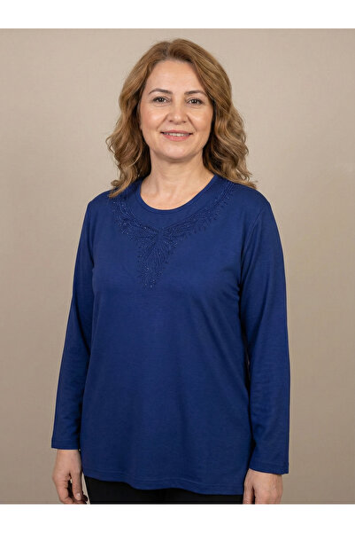 FATELLA Women's Mother Blue Collar Embroidery Detailed Long Sleeve Combed Cot...