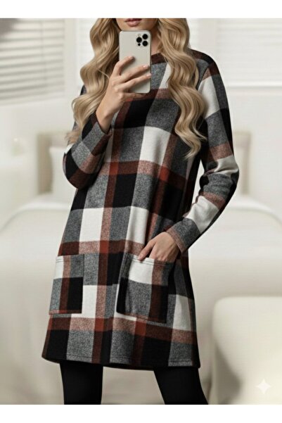 Wear Up Women's Long Sleeve Semi-High Neck Pocket Detailed Plaid Woven Tunic