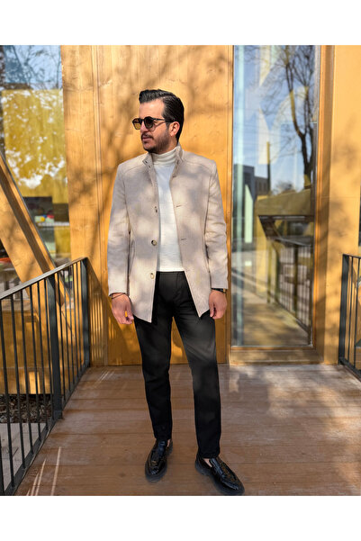 Avni Ceylan Men's Premium Twill Stitching Detailed Mock Neck Cashmere Coat