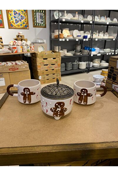 ColorCraft 2-Person Handmade Cookie Man Patterned Ceramic Mug Set - Tea Coffee Presentation Set