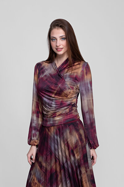 Escarel Çok Renkli Sarmal Drapeli Uzun Kollu Desen Bluz