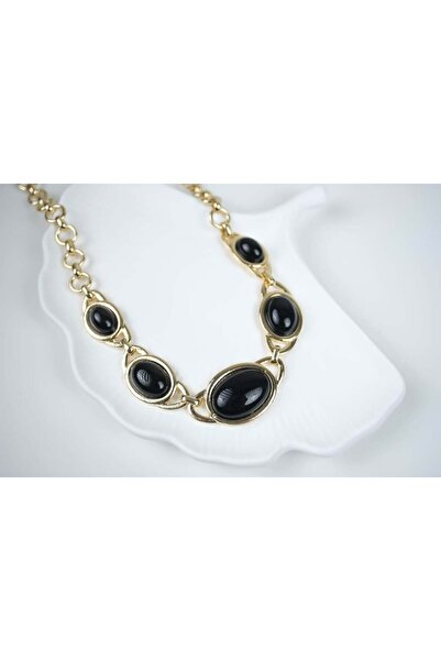 ATELİER TUĞBA Kol006 Oval Onyx Stone Necklace Black - 45 cm + 5 cm Extension