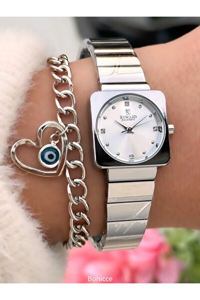 Reward ساعة نسائية، هيكل مربع دائري، مينا أبيض، سوار فولاذي فضي، في علبة أنيقة مع سوار هدية