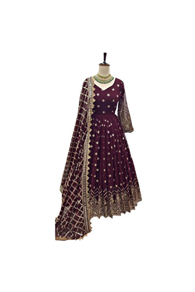 MYSMAR فستان من قماش جورجيت صناعي باللون الكستنائي مع وشاح - HRT5236 | كستنائي