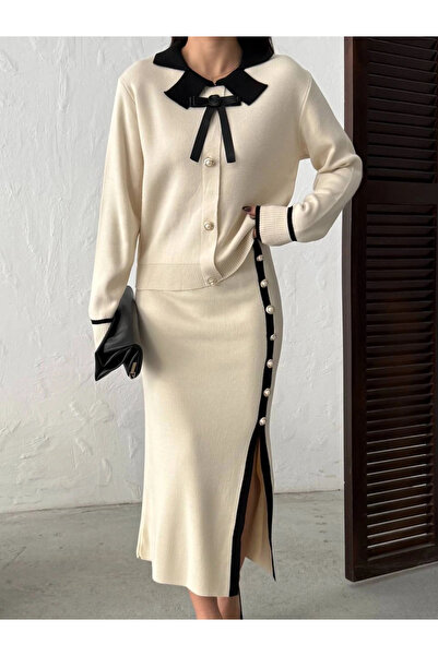 URİS Set de tricotaje din două piese pentru femei, ecru, elegant, cu detaliu de fundă de trandafir, bluză, fustă, sus și jos