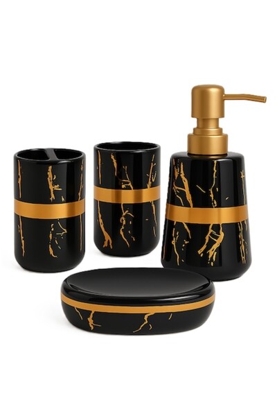 OEM Ceramic bathroom accessories set, 4 luxury pieces, color - Black with Gold