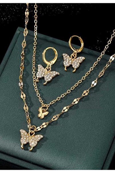 modares Paslanmaz Çelik Kelebekli Zarif Çift Katmanlı Kadın Çelik Kolye ve Kü...