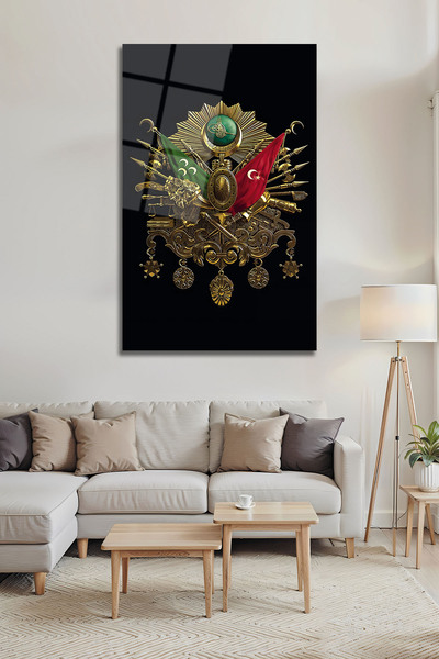 B&G DESIGN Osmanlı Tuğrası Arması Ayyıldızlı Dekoratif Lüks Temperli Cam Duvar Tablosu
