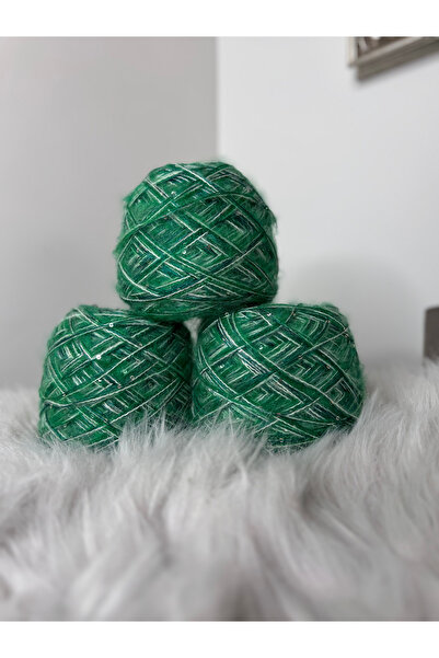 VELİNACOLLECTİON Yeşil Renk Üç Katlı Pullu Moher Örgü İpi